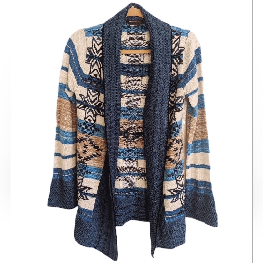 BCBG Vintage Y2K Southwestern Boho Folk Blue Bell-Sleeve Knitted Cardigan
